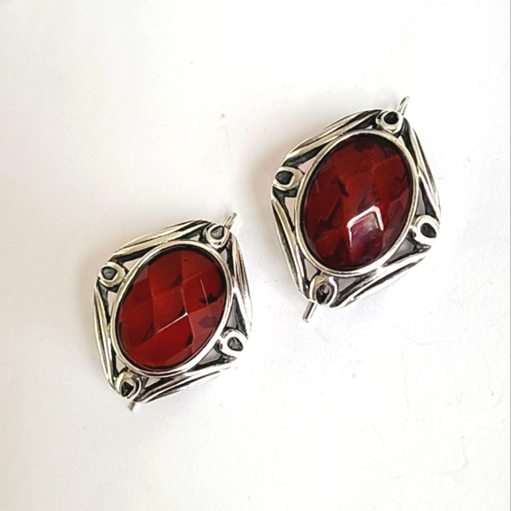 Vintage Chunky Art Deco Silver Faceted Red Garnet Oval Cabochon Drop Earrings